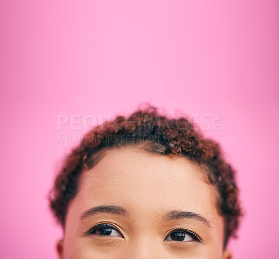 Buy stock photo Thinking, mockup and eyes of a woman on a studio background or wall for a vision, planning or idea. Closeup, young and the face of a girl or person with a solution and space on a pink backdrop
