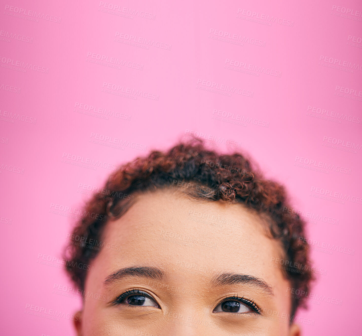Buy stock photo Thinking, mockup and eyes of a woman on a studio background or wall for a vision, planning or idea. Closeup, young and the face of a girl or person with a solution and space on a pink backdrop
