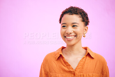 Buy stock photo Happy, thinking woman and smile in studio excited with confidence feeling cute. Pink background, young face and African female person with trendy, modern girl and student fashion with gen z glow