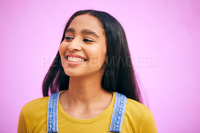 Buy stock photo Smile, woman and happy in studio with confidence, gen z style and youth fashion. Pink background, female person and girl from India feeling proud and excited with modern, trendy and student clothing