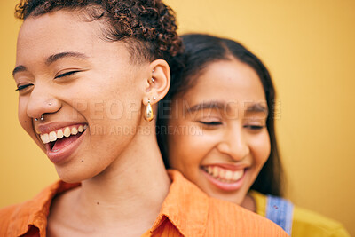 Buy stock photo Happy, friends and funny with women on wall background for teenager, youth and smile. Relax, happiness and gen z with face of young girls in urban city for social, fashion and freedom together
