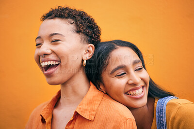 Buy stock photo Happy, friends and relax with women on wall background for teenager, youth and smile. Student, happiness and gen z with face of young girls in urban city for social, fashion and freedom together