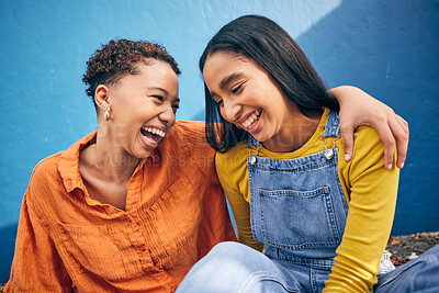 Buy stock photo Happy, friends and hug with women on wall background for teenager, youth and smile. Relax, happiness and gen z with face of young girls in urban city for social, fashion and freedom together