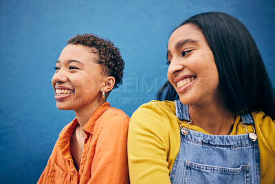 Buy stock photo Happy, friends and student with women on wall background for teenager, youth and smile. Relax, happiness and gen z with face of young girls in urban city for social, fashion and freedom together