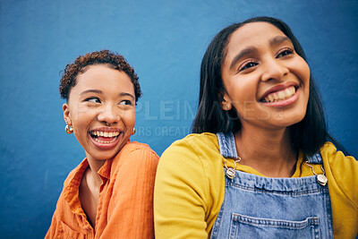 Buy stock photo Happy, friends and teenager with women on wall background for student, youth and smile. Relax, happiness and gen z with face of young girls in urban city for social, fashion and freedom together