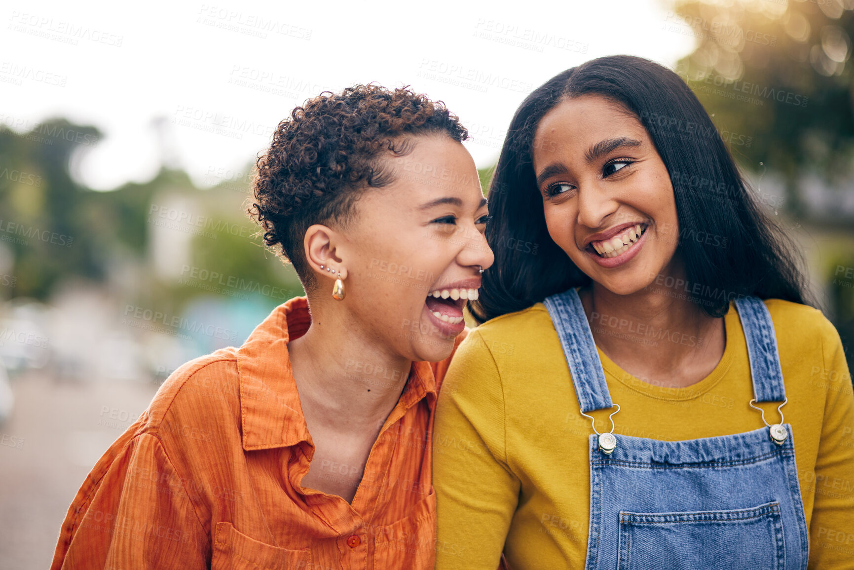 Buy stock photo Happy, women and friends in park with laugh and funny joke with bonding and gossip outdoor. Gen z, young people and smile with female friendship, freedom and holiday with joy on student vacation