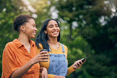 Buy stock photo Phone, happy and women in park with coffee together for holiday, bonding and quality time outdoors. Friendship, nature and female people walking in nature for relaxing, conversation and talking