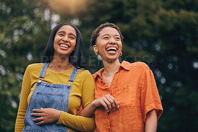 Buy stock photo Happy, walk and girl friends in park with laugh and funny joke with bonding and gossip outdoor. Gen z, young people and smile with female friendship, freedom and holiday with joy on student vacation