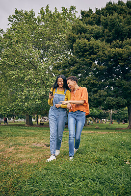 Buy stock photo Women, park and girl friends with phone outdoor with laughing at meme and social media. Urban, city garden and mobile with gen z, young and female people on holiday with freedom and happy in spring