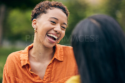Buy stock photo Face, smile and laughing with a black woman in the park with a friend for funny humor in summer. Freedom, comedy and sunshine with a happy young female person laughing at a joke outdoor in nature