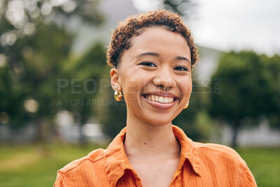 Buy stock photo Happy, relax and portrait of woman in park with smile for relaxing, holiday and weekend outdoors. Freedom, happiness and face of female person in nature for fresh air, positive mindset and break