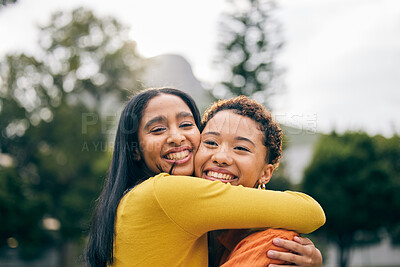 Buy stock photo Outdoor, portrait and queer couple hug, love and happiness with a marriage, relationship and smile. Lgbtq, happy women and female people in a park, pride and romantic with freedom, date and embrace