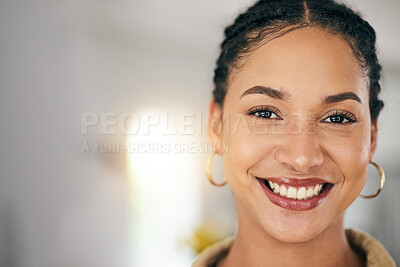 Buy stock photo Happy, smile and face of a young woman with makeup and beauty and space with positive attitude. Portrait of female person from South Africa with freedom, happiness or to relax at a house or apartment