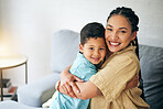 Portrait, family home and happy kid hug mom for support, motherhood care and connect in Brazil apartment. Love, sweet and hugging mama, child or people relax, embrace and enjoy quality time together
