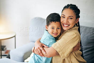 Buy stock photo Portrait, family home and happy kid hug mom for support, motherhood care and connect in Brazil apartment. Love, sweet and hugging mama, child or people relax, embrace and enjoy quality time together