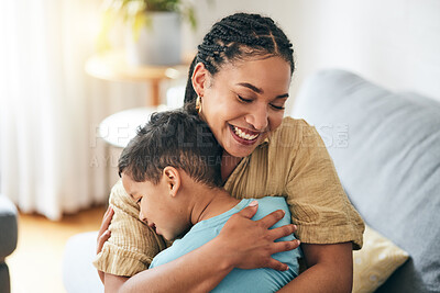 Buy stock photo Home, hug and happy family mom, kid and bonding, support and love for young son on lounge couch. Smile, connect and hugging mama, child or people enjoy quality time together for Mothers Day care