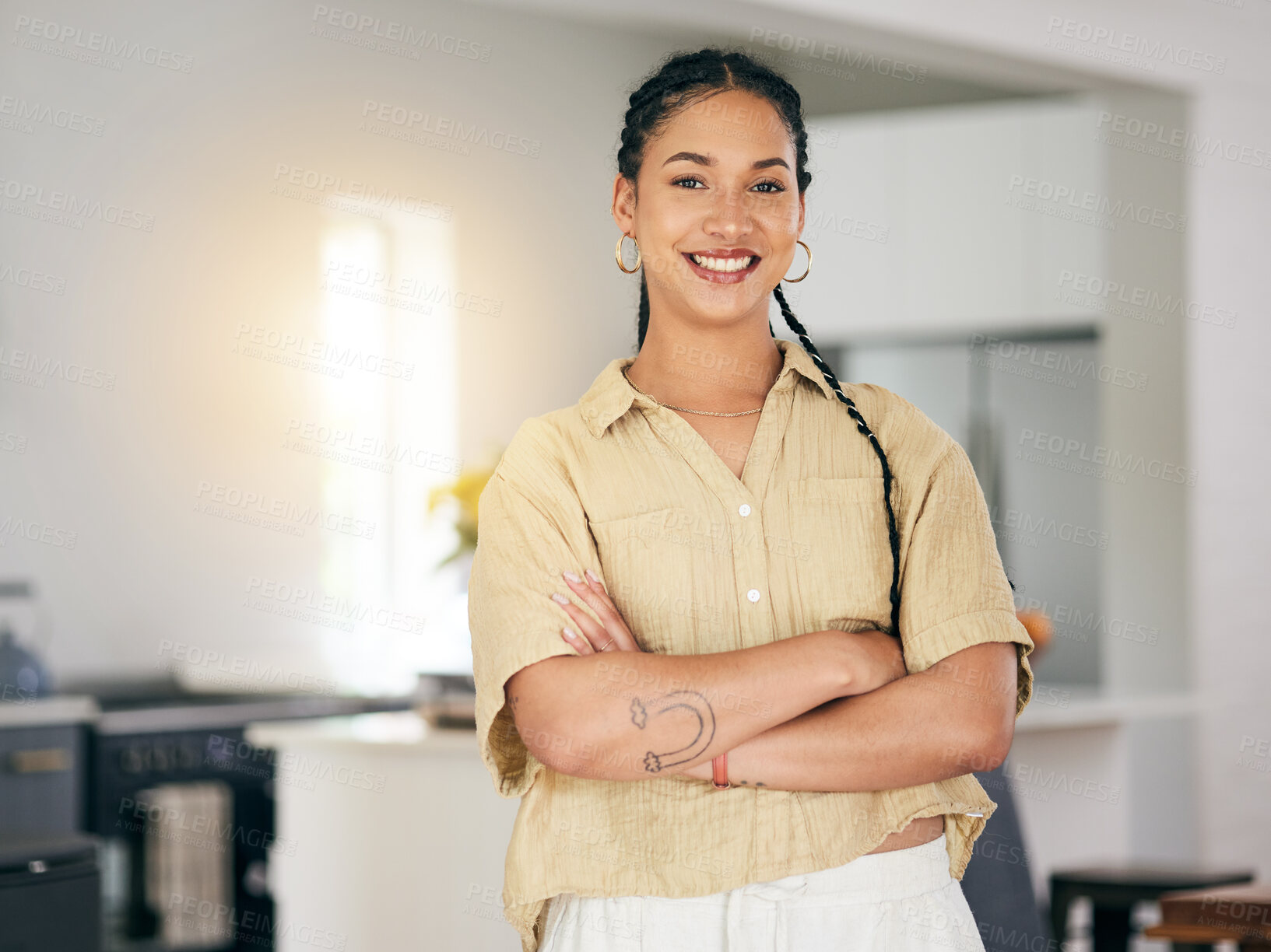 Buy stock photo Portrait, smile and arms crossed with a woman in her apartment as a proud homeowner or tenant. Brazil, relax and satisfaction with a happy young female person in the kitchen of her modern house