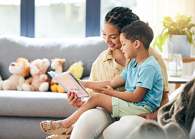 Buy stock photo Book, reading and mother with kid in living room for storytelling on sofa of happy home, teaching and bonding fun. Love, learning and mom with child, fantasy story on couch and quality time together.
