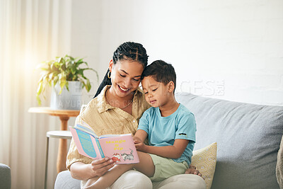 Buy stock photo Book, reading and mom with child on sofa for storytelling in living room of happy home, teaching and bonding fun. Love, learning and mother with kid, fantasy story on couch and quality time together.