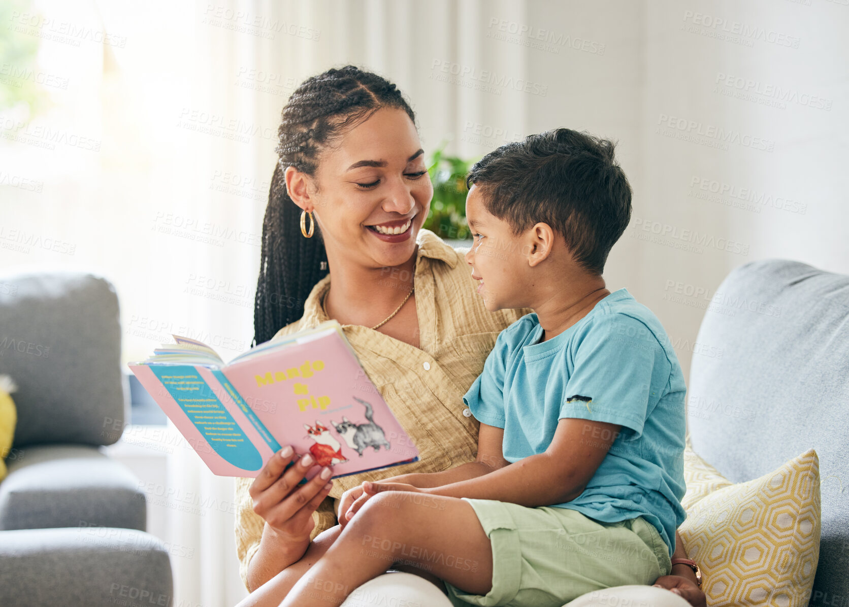 Buy stock photo Book, reading and bonding, mother with kid on sofa for storytelling in living room of happy home, teaching and fun. Love, learning and mom with child, fantasy story on couch and quality time together