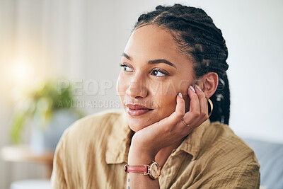 Buy stock photo African woman, thinking and idea for future in home, interior design or decoration of apartment, living room or house. Girl, relax and lounge on sofa with inspiration, goals or planning for life