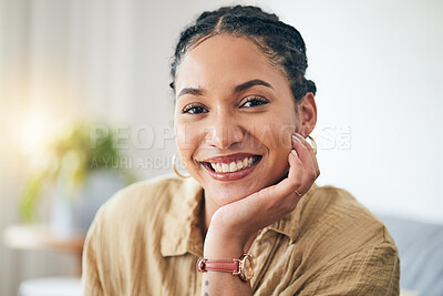 Buy stock photo Face, happy and woman on home sofa to relax in living room apartment. Portrait, smile and person or girl on couch in lounge in Brazil, positive or cheerful, confident or peace in house lens flare