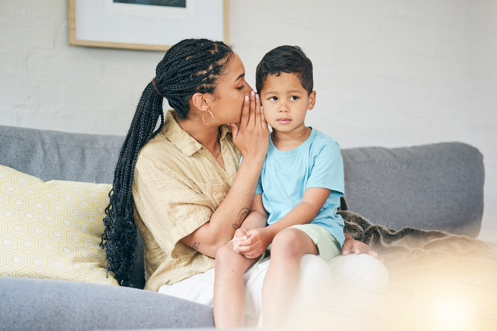 Buy stock photo Secret, family child and mother whisper, gossip and talking to young son about home news on living room sofa. Quiet conversation, confidential and relax mama, people or kid listening to private info