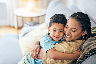 Buy stock photo Living room, hug and happy family mom, kid and smile for Mothers Day support, security or care. Lounge couch, embrace and excited mama, mum or woman bonding with young child in home quality time 