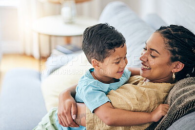 Buy stock photo Smile hug and happy family mom, kid and home bonding for child security, support or care on lounge couch. Hugging, playing and excited mama, mum or woman laugh with young child in relax quality time 