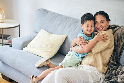 Buy stock photo Family, hug and portrait of boy child with mother on a sofa happy, bond and relax at home together. Love, smile and face of kid with mom in living room embrace, chilling and enjoying weekend indoor