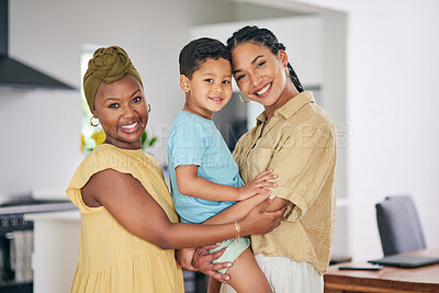 Buy stock photo LGBTQ, child or couple hug, portrait and happy queer family, non binary partner or transgender mom enjoy time together. Home bond, embrace or gay people, mothers or lesbian women embrace adoption kid