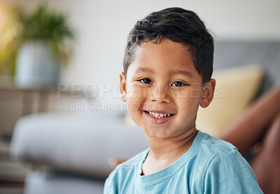 Buy stock photo Kid, smile portrait and happy in family home in the morning feeling relax in living room. Face, kids and house with a young child, boy and cute son from Peru on the weekend with joy and youth