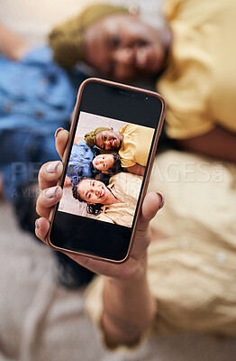 Buy stock photo Woman, lesbian couple and child in selfie on floor for social media, photography or online post together at home. Portrait of happy gay women and little boy or kid smile in adoption, photo or picture