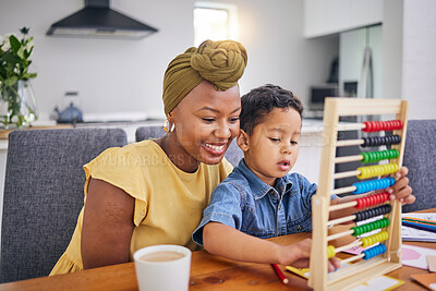Buy stock photo Mom, child and learning with abacus for education or tutor, teacher or person helping with homework, study and counting. Kindergarten, math and development of boy through school or homeschooling
