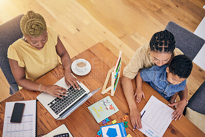 Buy stock photo Child, homework and math with mom help in home with counting and working lgbt parents. Young boy, student and remote work above for education and learning at house with study and development growth