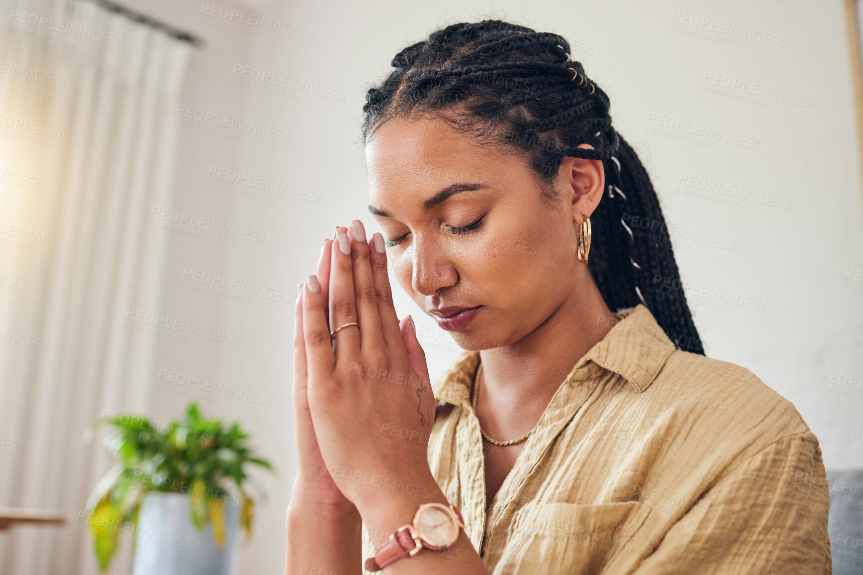 Buy stock photo Hands, worship and woman praying in her living room for hope, help or holy forgiveness in her home. God, pray and Christian female in prayer for blessing, grace and gratitude to Jesus Christ in house