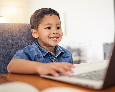 Buy stock photo Happy little boy, laptop and elearning in virtual classroom at home for education, learning or communication. Face of child, student or kindergarten working on computer for online learning in house