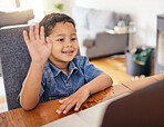 Happy boy, laptop and waving in video call for elearning, education or virtual classroom introduction at home. Face of child, student or kindergarten greeting on computer for online learning in house