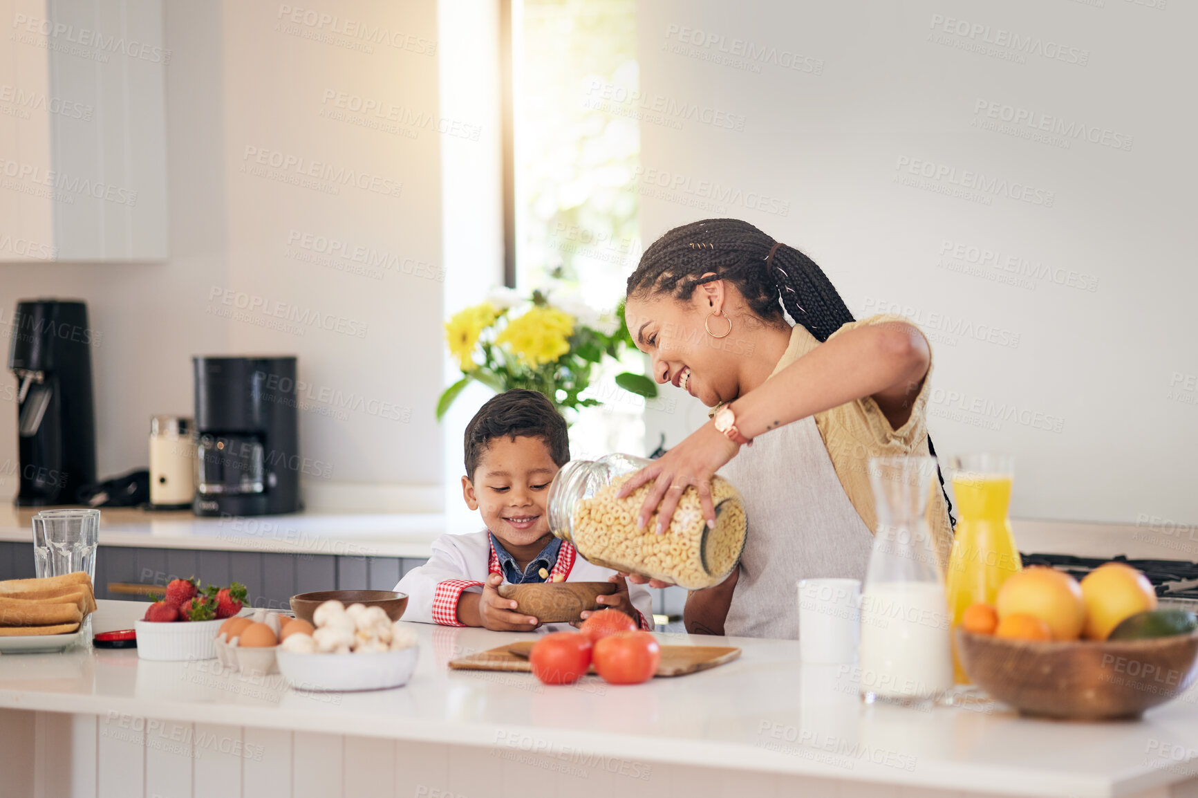 Buy stock photo Breakfast, smile and food with family and cooking with kids morning cereal at a home. Kitchen, love and support of a mother and young child with teaching and parent care for baking learning together