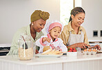 Gay family, child and cooking in home kitchen for learning, development and love. Adoption, lesbian or lgbtq women or parents and a happy young kid together to cook food with care, help and support