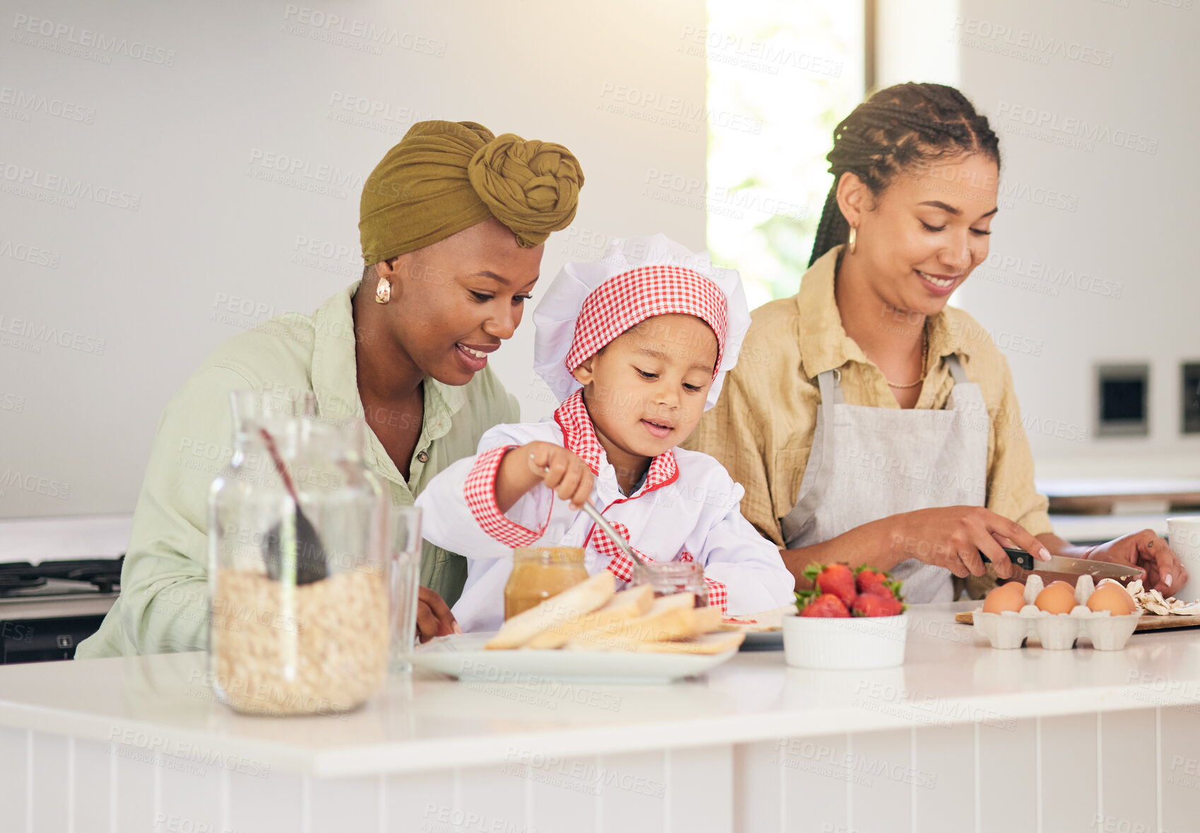 Buy stock photo Gay family, child and cooking in home kitchen for learning, development and love. Adoption, lesbian or lgbtq women or parents and a happy young kid together to cook breakfast food with care and help