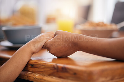 Buy stock photo Holding hands, prayer and dinner table with gratitude at family lunch with food and worship. Thanksgiving, holiday and dining room of people together at home for religion in a house with care to pray