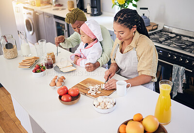 Buy stock photo Child. cooking and gay family in home kitchen for learning, development and love. Adoption, lesbian or lgbtq women or parents teaching a happy young kid to cook food with care, help and support