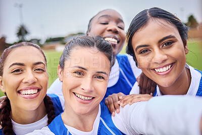 Buy stock photo Hockey selfie, women and portrait on a field for sports, teamwork or training together. Smile, collaboration and an athlete group taking a picture at a park for a game, match or competition memory