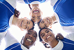 Sports women, circle and low angle for teamwork, motivation and portrait with support for training. Girl, group and happy for workout, exercise and fitness for contest, games and diversity for goals