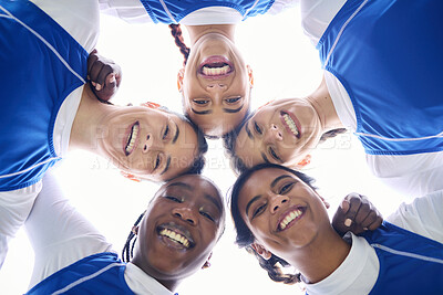 Buy stock photo Sports women, circle and low angle for teamwork, motivation and portrait with support for training. Girl, group and happy for workout, exercise and fitness for contest, games and diversity for goals