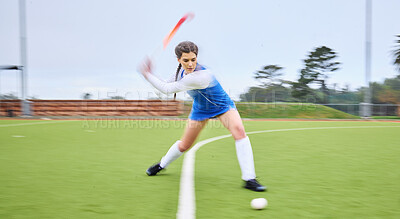 Buy stock photo Sports, hockey and female athlete training for a game, match or tournament on an outdoor field. Fitness, exercise and young woman playing at practice for strategy with a stick and ball at a stadium.