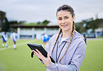 Tablet, sports and coaching with portrait of woman on field for hockey, fitness and training. Checklist, review and planning with female trainer at stadium for workout, challenge and digital analysis