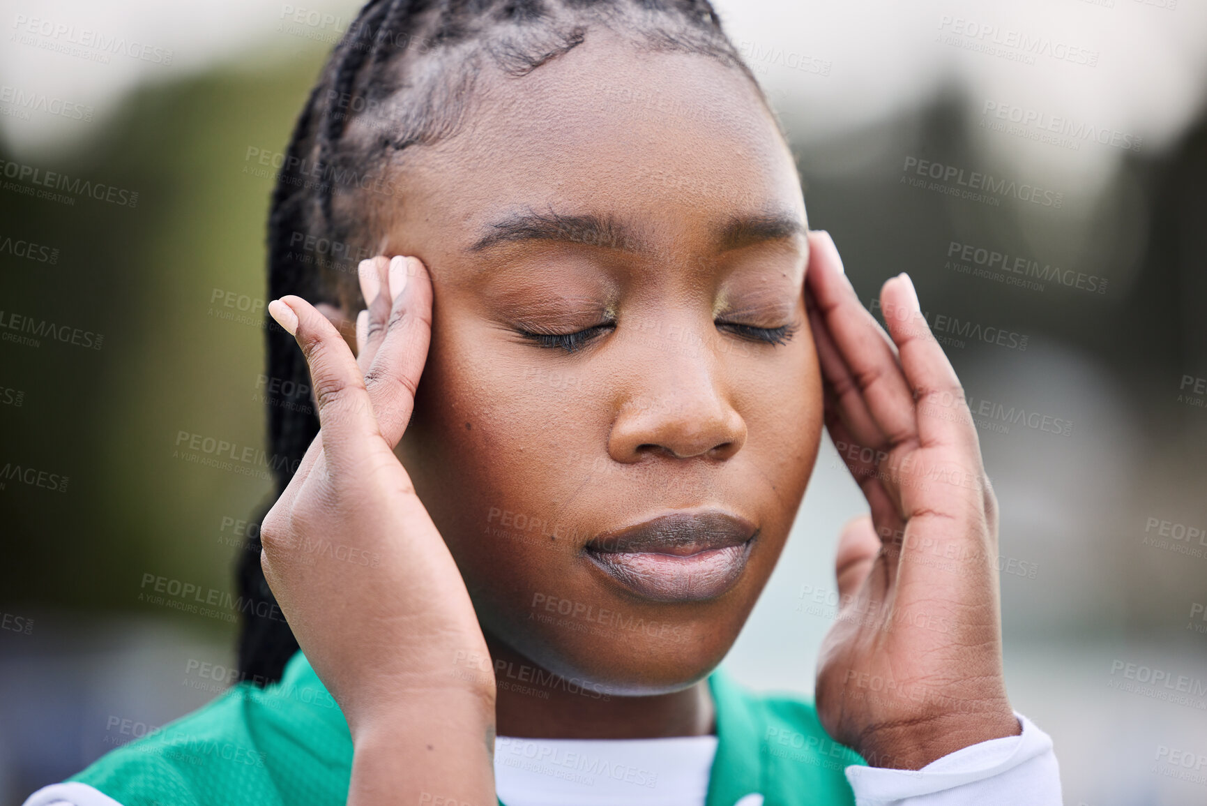 Buy stock photo Sports, headache and face of black woman outdoor with stress, anxiety or burnout on blurred background. Training, migraine and African lady athlete with temple massage for vertigo, brain fog or ache