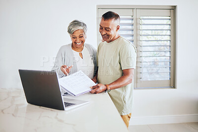 Buy stock photo Happy couple, senior and documents on laptop for new home, investment or finance together. Elderly man and woman smile in happiness on computer for financial house insurance, real estate or mortgage